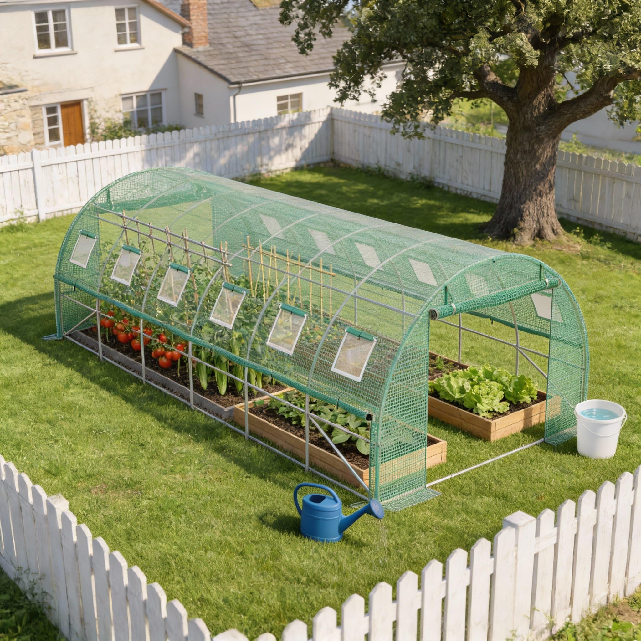 18㎡ Frostschutz HDPE Foliengewächshaus, 3x6x2m Treibhaus mit Stahlrahmen, 12x Insektenschutzgitter Fenster & 2X Rolltor mit Reißverschluss, Begehbares Gartengewächshäuser, Pflanzen Folientunnel
