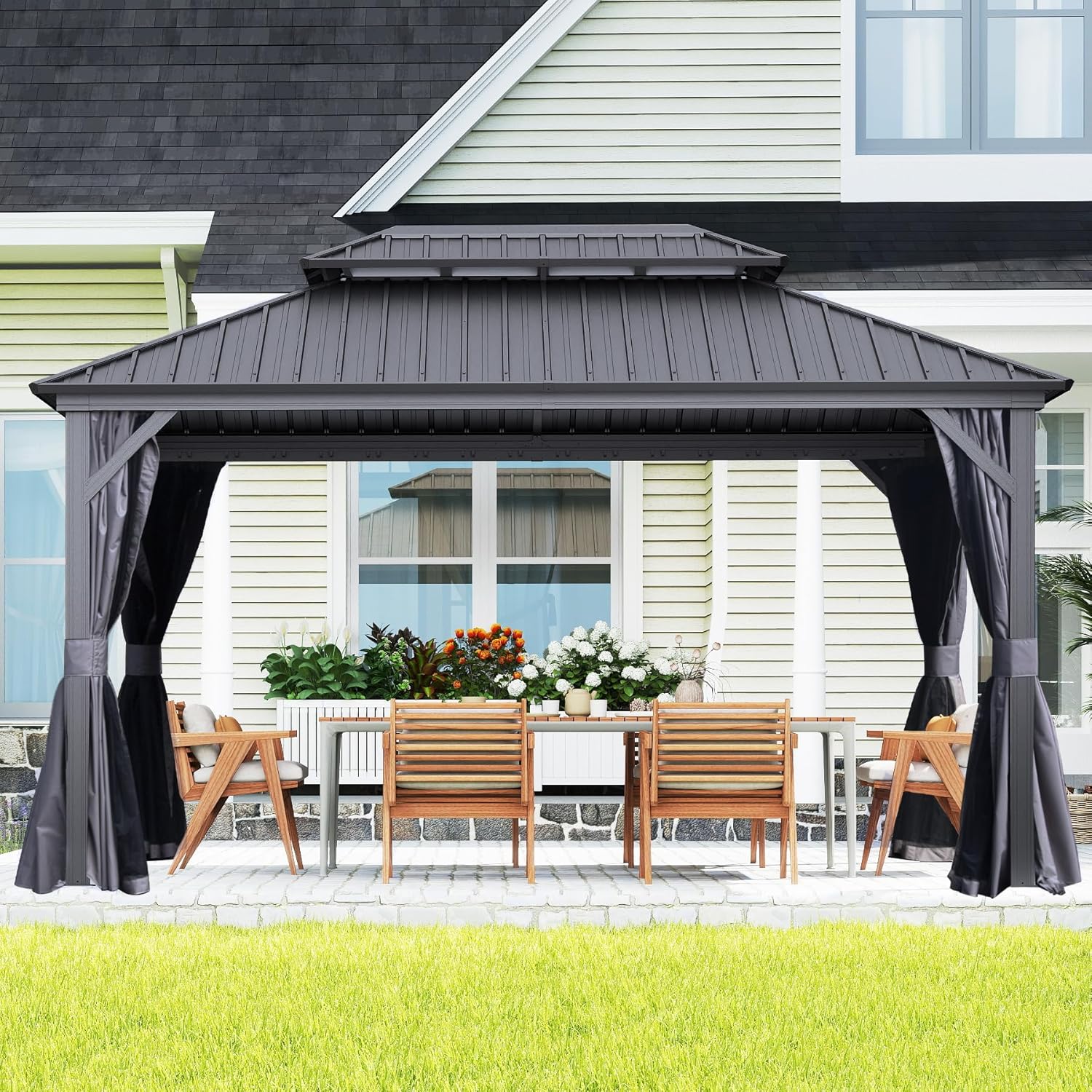 Domi 10x14FT Outdoor Gazebo, Patio Gazebo with Galvanized Steel, Hardtop Gazbo for Patio, Deck, Backyard, Curtain and Netting Included