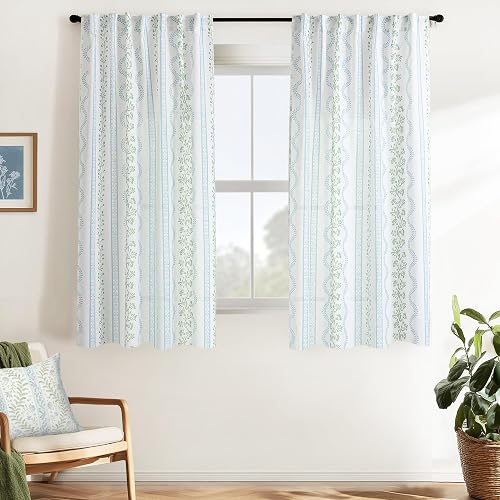 White and Blue Floral Sheer Curtains 63 Inch Length for Bedroom,Botanical Cottage Style Pattern Linen Romantic Grandmillennial Unique Curtains for Girls Room Living Room 2 Panels Set
