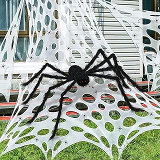 1000 Sqft Pre-Cut Giant Spider Web + 6.5FT Giant Spider Halloween Decorations Outdoor Stretchy Beef Netting Cloth Flexible Elastic for Haunted House Yard Party Decor with 20 Ground Nails