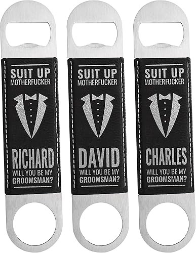 Groomsmen Regalos, Juego de 3, Abrebotellas Personalizado - 10 Diseños, Negro - Recortes de Cuero de Acero Inoxidable Abrebotellas Personalizado