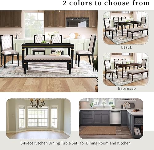 Miniatura 7 de Merax Juego de mesa de comedor de 6 piezas, mesa rectangular de madera maciza de 60 pulgadas con 4 sillas tapizadas y 1 banco, casa de campo moderna