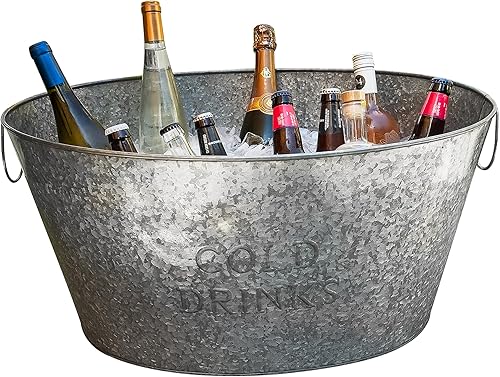 Mind Reader Tina de acero para bebidas con asas, cesta de fiesta para bebidas, hielo, contenedor de almacenamiento rústico para juguetes, leña,