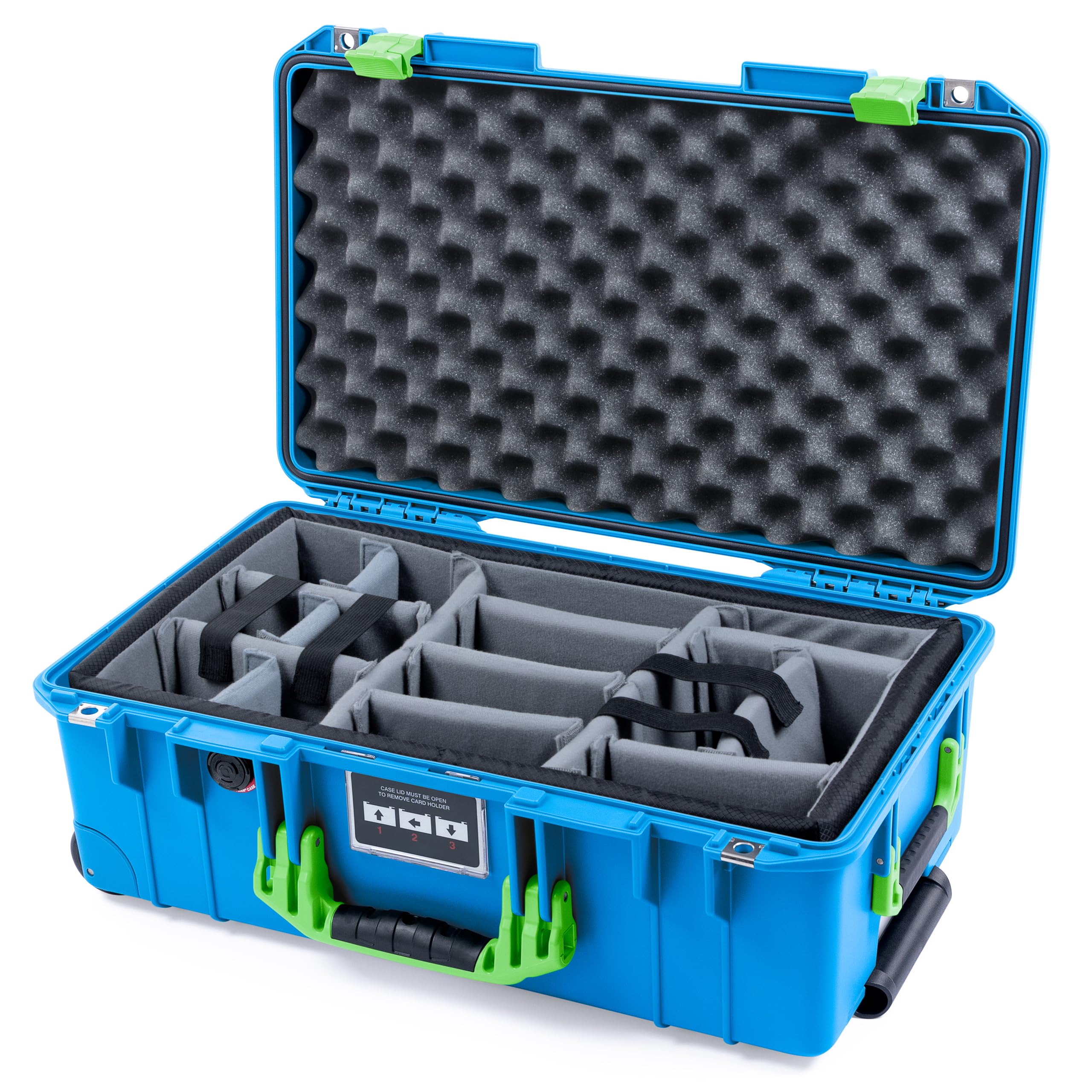 ColorCase Pelican Air 1535 Carry-on Case Electric Blue - Medium Size Waterproof Case with Gray Padded Microfiber Dividers & Lid Foam - Lime Green Handles & Latches