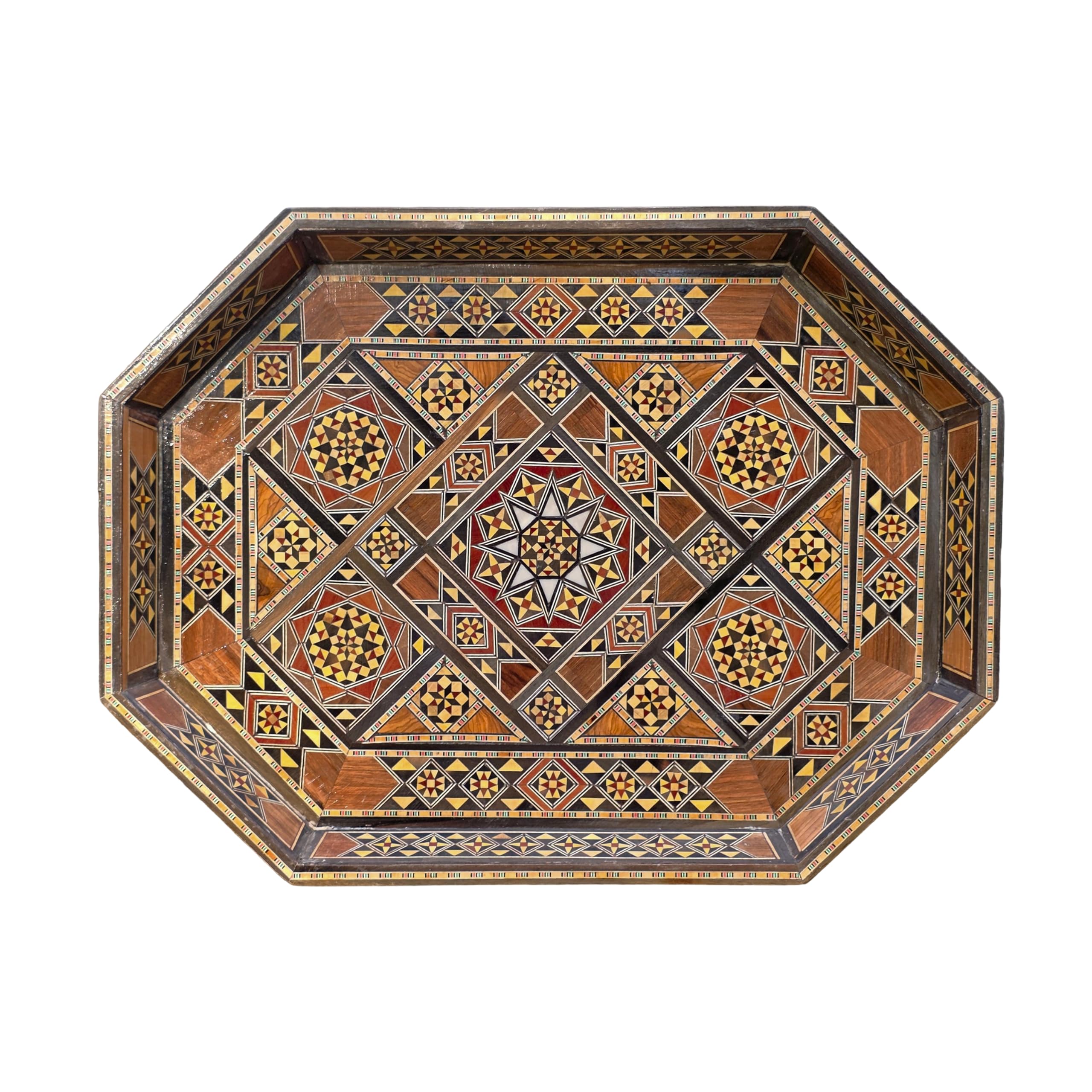Walnut & Pearl | Handmade Wooden Tray – Handcrafted Geometric Marquetry (Large Tray)