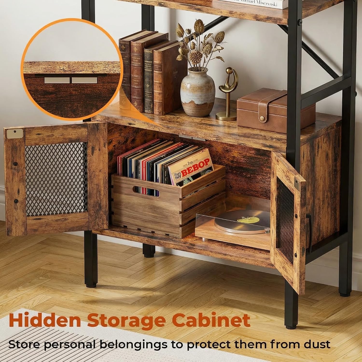 IRONCK Bookshelf and Bookcase with Door Cabinet, Arched 70.3" H 4 Tier Open Shelf for CDs Books, Modern Display Storage Rack for Home Office, Vintage Brown