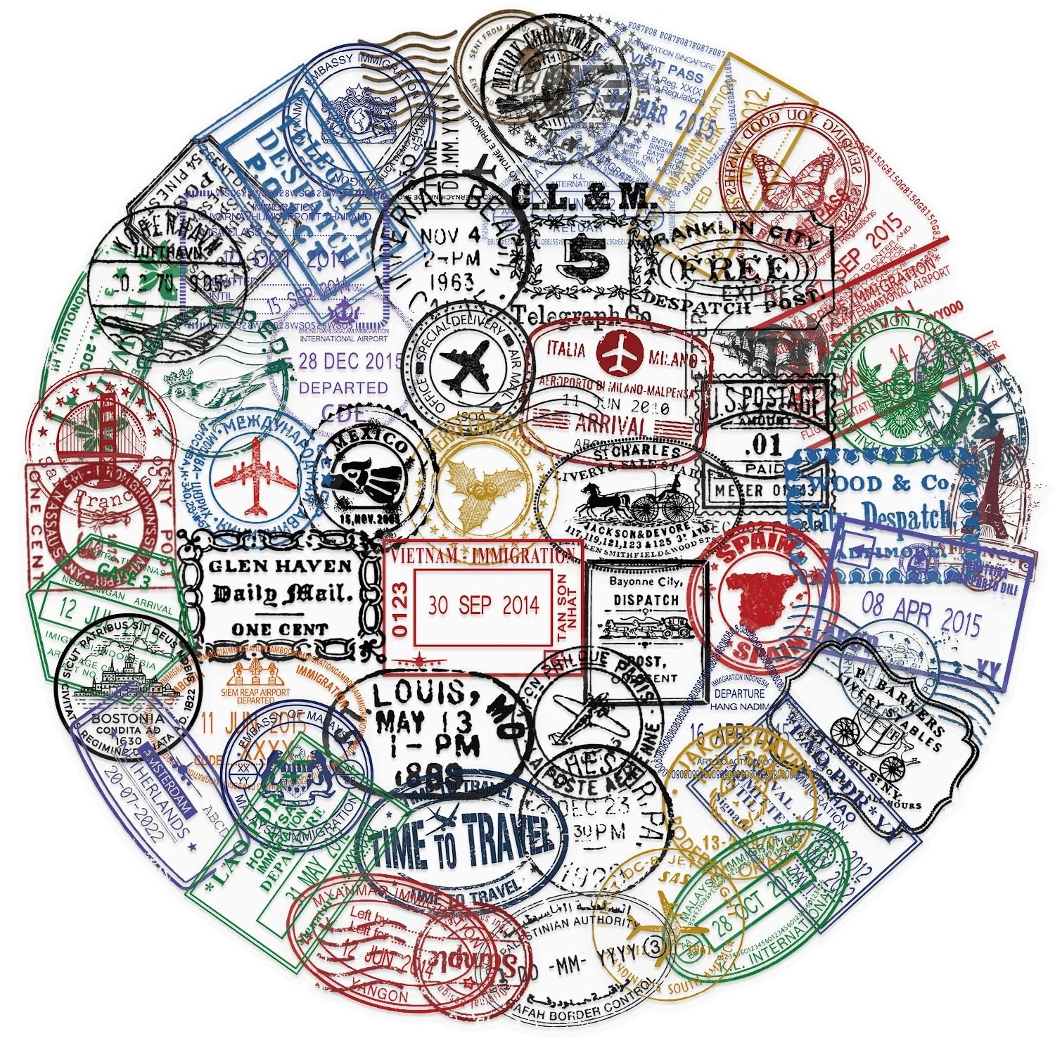 50 Pcs Vintage Travel Postmark Stickers Laptop Car Scrapbook Phone Skateboard Suitcase Luggage Bike Postmark Transparent Vinyl Waterproof Aesthetic Personalised Stickers for Teens Boys Girls Adults