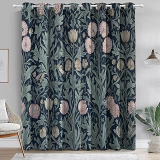 Blackout Curtain Colorful with Eyelet - 46 x 90 Inch Long Door Curtain for Bedroom, William Morris Flowers Leaf Design, Thermal Insulated Soundproof Privacy Curtain for Living Room, 2 Panels