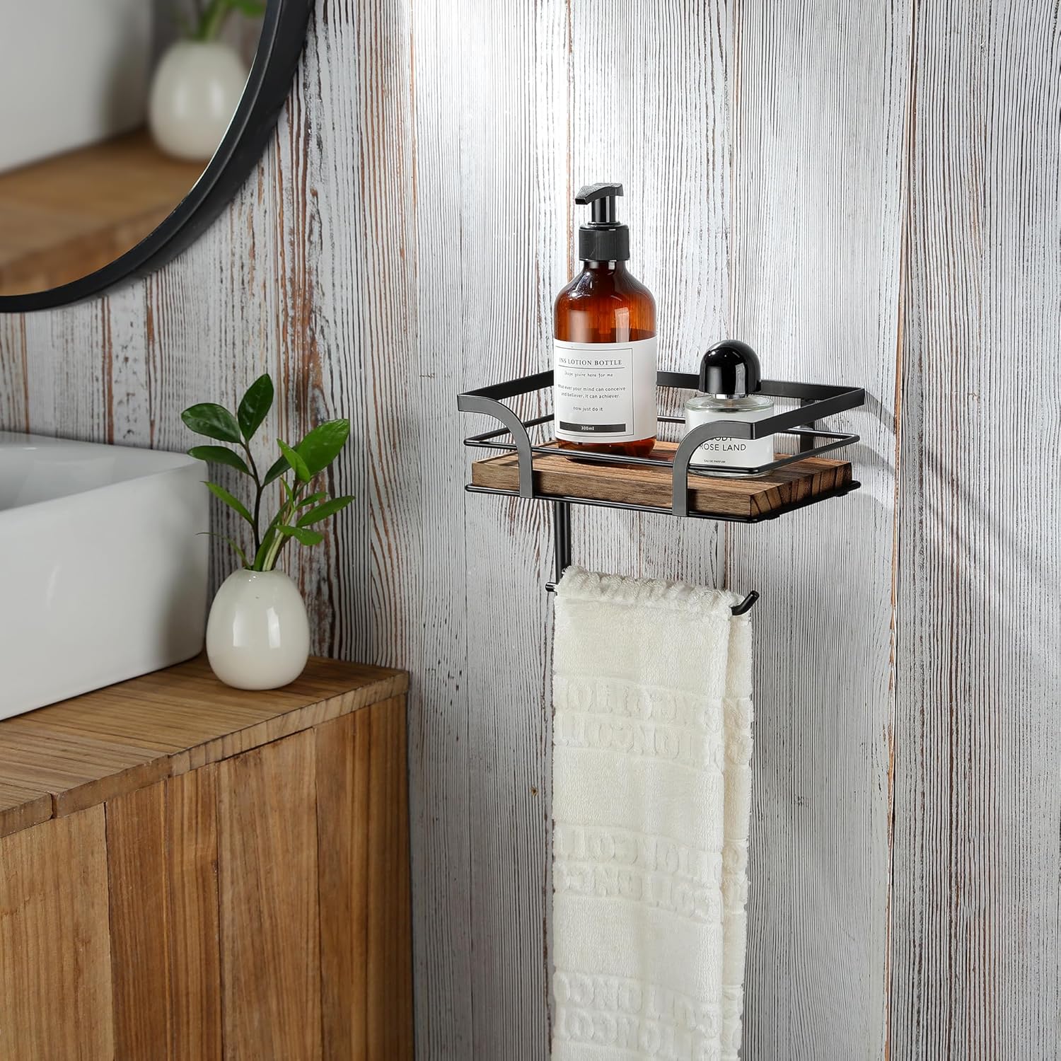 Farmhouse Toilet Paper Holder with Shelf, Bathroom Washroom Country Decor Toilet Tissue Paper Roll Holder for Cell Phone&Wipes&Reading (Adhesive & Screw-in Wall Mount)