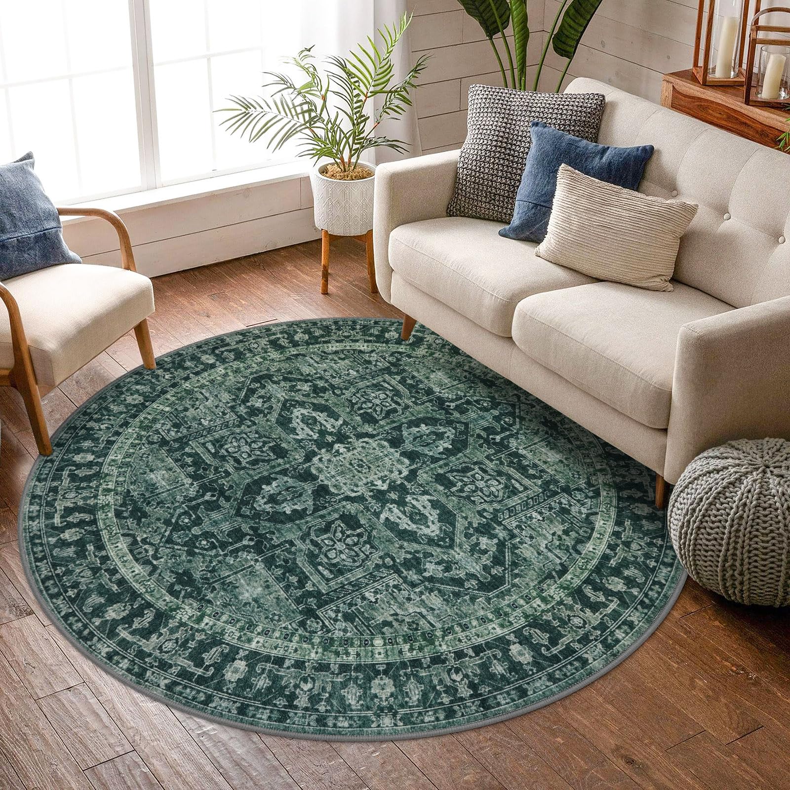 KOZYFLY Round Rug 6 Ft Rugs for Entryway Washable Circle Rug Non Slip Round Living Room Rugs Printed Faux Wool Round Dining Room Floor Carpet Floor Carpet for Entryway, Bedroom, Dark Green โ image 1