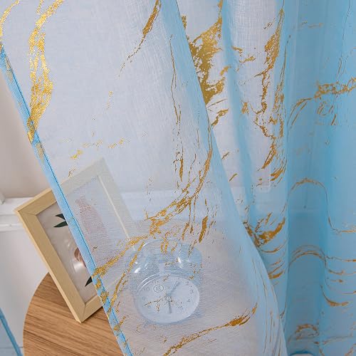 Sutuo Home Marble Sheer Curtains 63 Inch Length 2 Panels Set, Gold Print Metalli