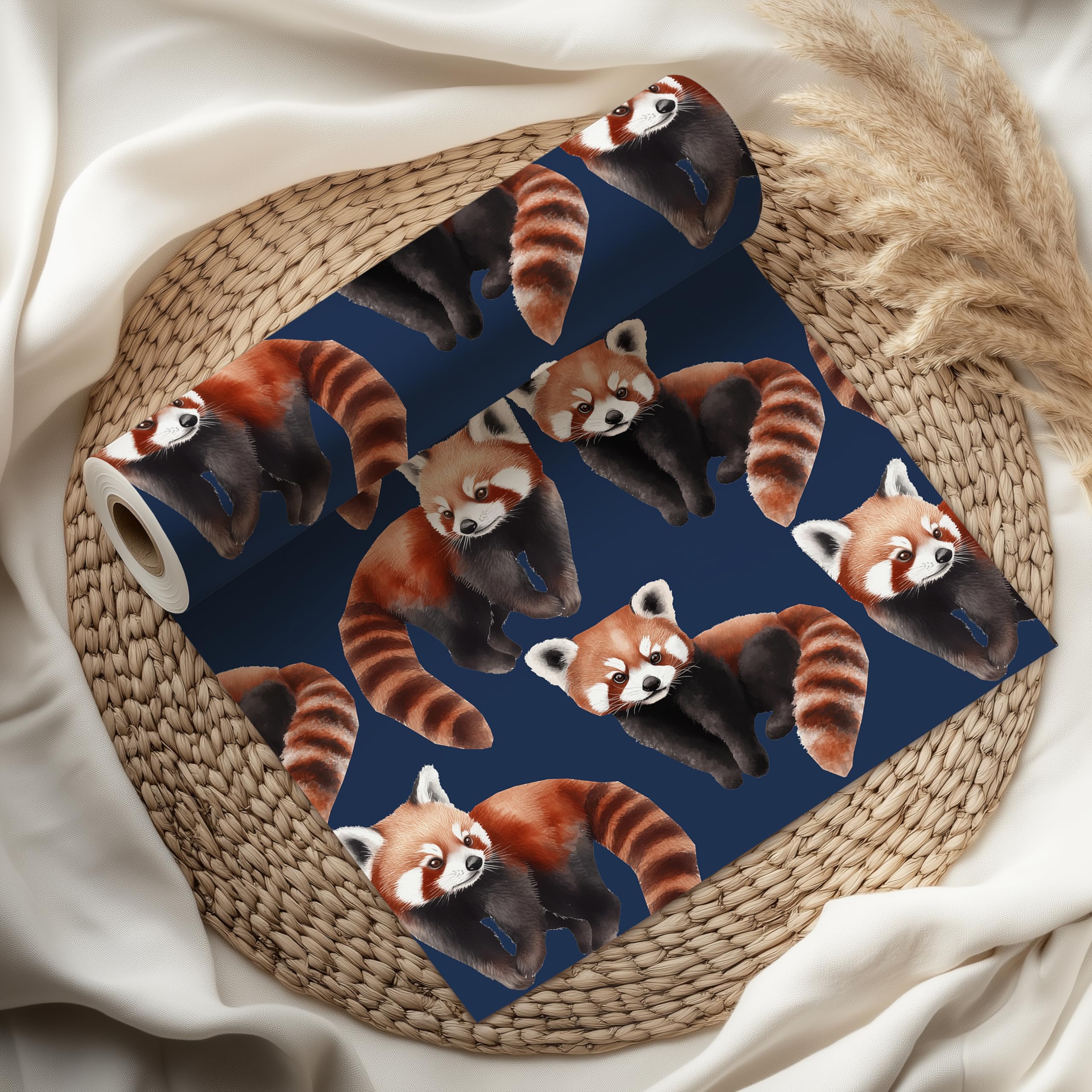 Cute Red Panda Wrapping Paper Sheet, Fluffy Red Pandas, Perfect for Animal Lovers, Birthdays & Kids Parties - W103 (Navy, Medium Sheet - 42 x 58cm / 15.7" x 22.8" inches)