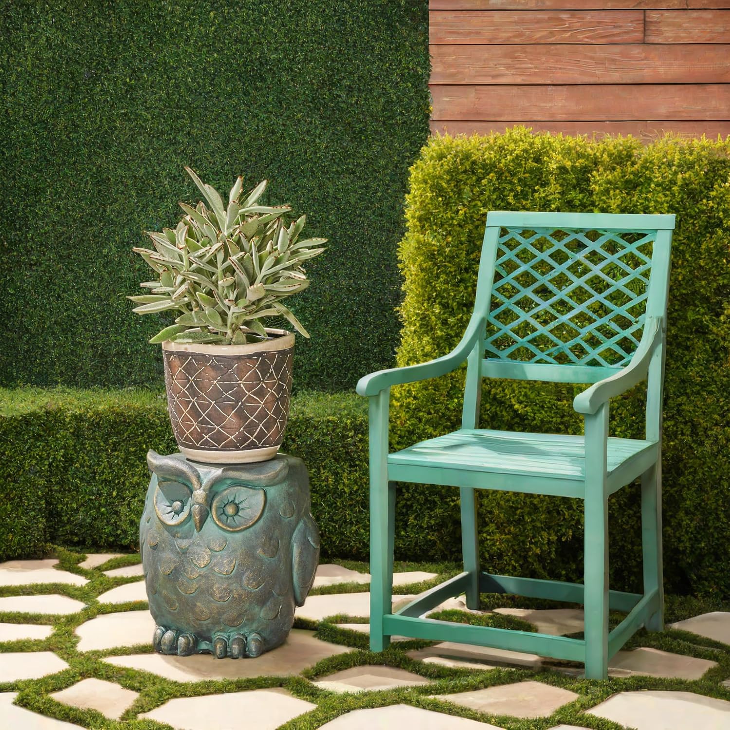 Owl Garden Stool, Decorative Outdoor Accent Stool or Side Table, Weather-Resistant Lightweight Concrete Patio Stool for Garden Yard Balcony, Antique Green
