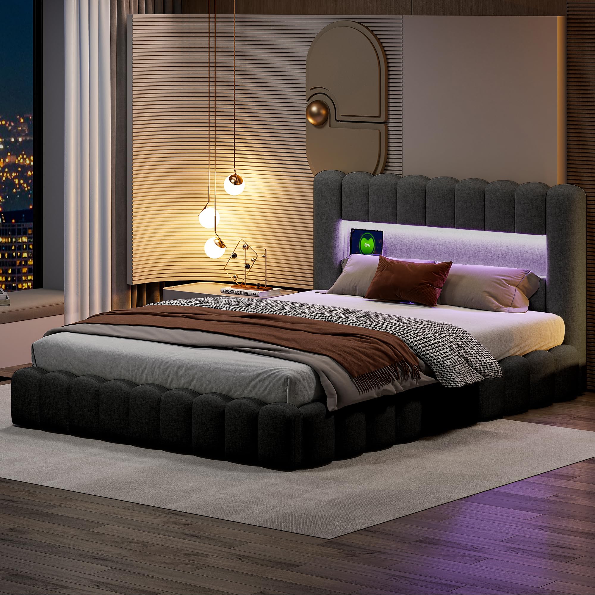 Storage Bed 180 x 200 cm, Bubble Double Padded Bed with LED