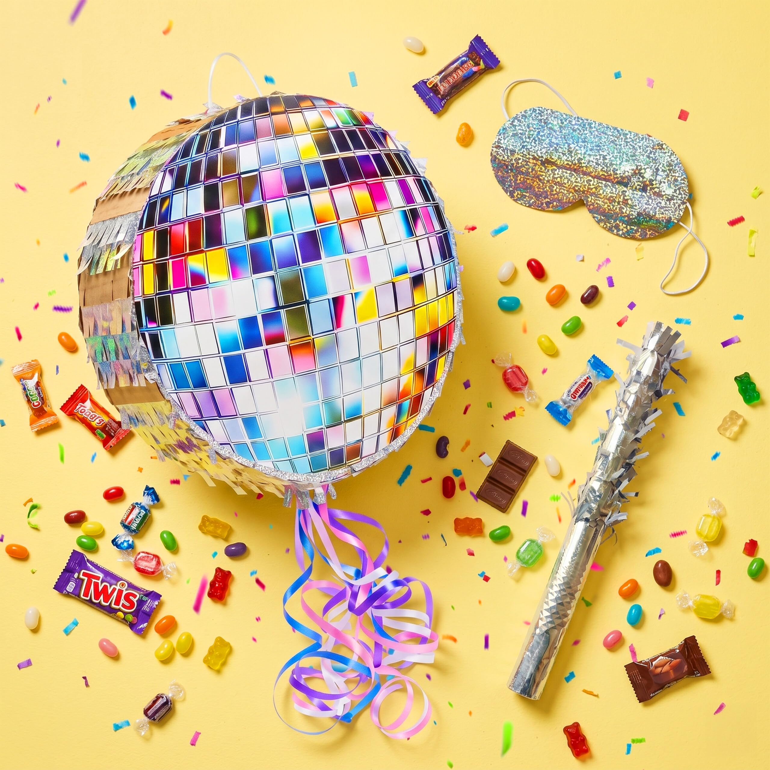 Relaxdays Pinata kula dyskotekowa z prętem i maską, Partypinata dla dzieci, szpinata urodzinowa, do napełniania, dł. x gł.: 30 x 8 cm, srebrna