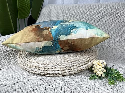 Miniatura 5 de Jasfura Juego de 4 fundas de almohada de color dorado verde azulado para otoño 20 x 20 pulgadas de terciopelo suave con estampado de doble cara