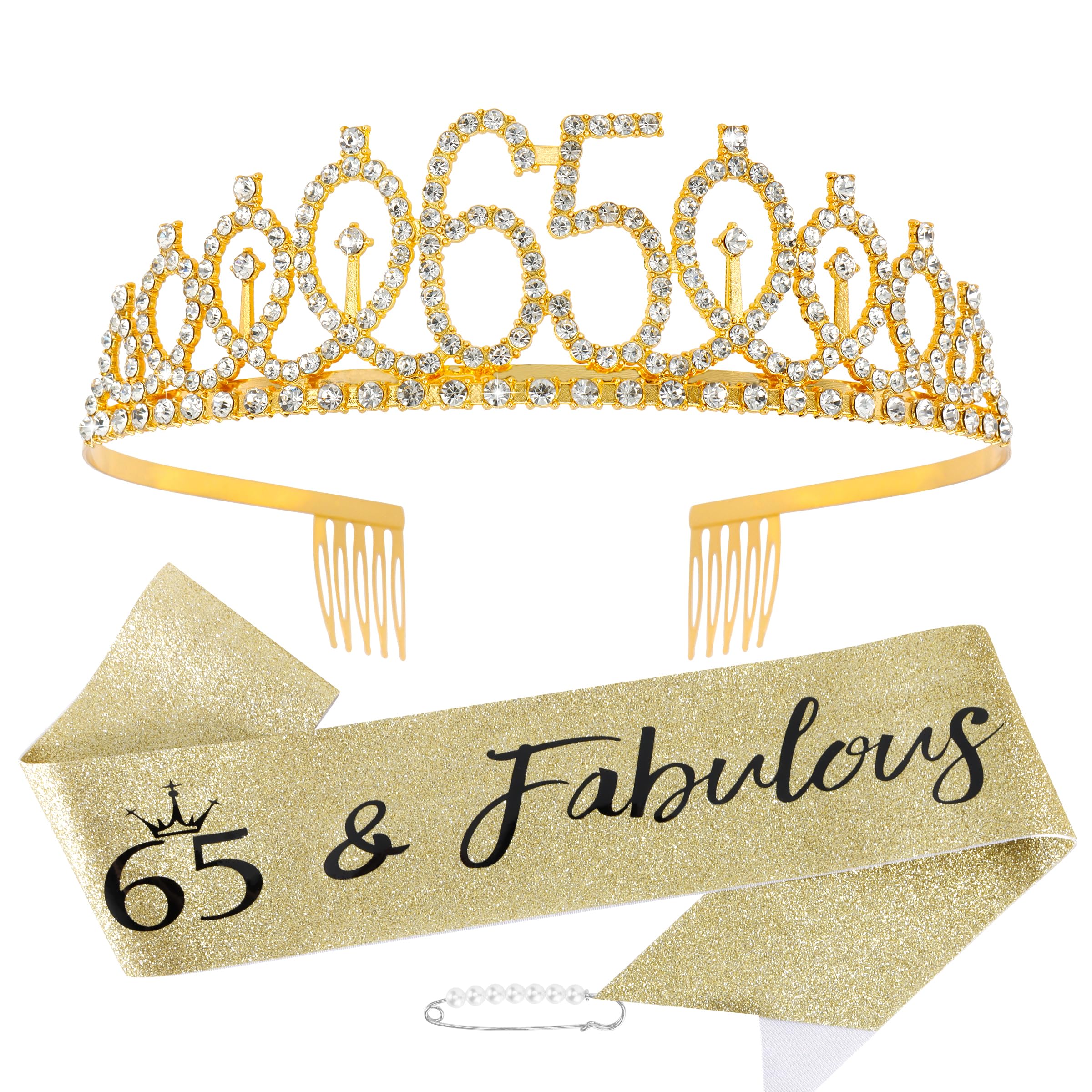 Vovii 65th Birthday Decorations for Women Sparkling 65th Birthday Sash and Tiara Set with Rhinestone 65 and Pearl Pin, Golden Metallic Shine Party