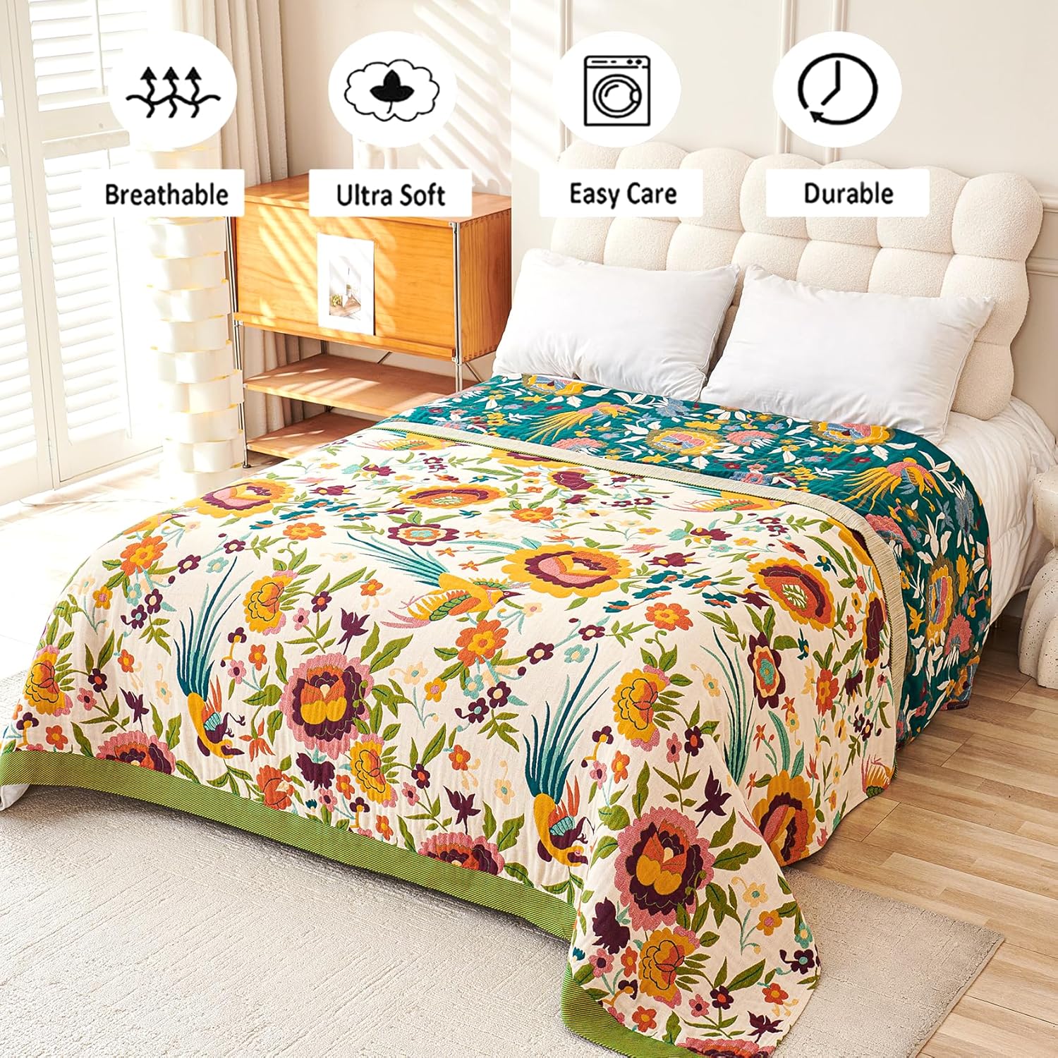 Boho Throw Blanket for Bed, 100% Organic Cotton Breathable Ultra Soft 60" x 80" Quilt Throw - All Season Floral Rustic Farmhouse Decor Luxury Reversible Blanket for Sofa Couch Chair and Gift - Image 3