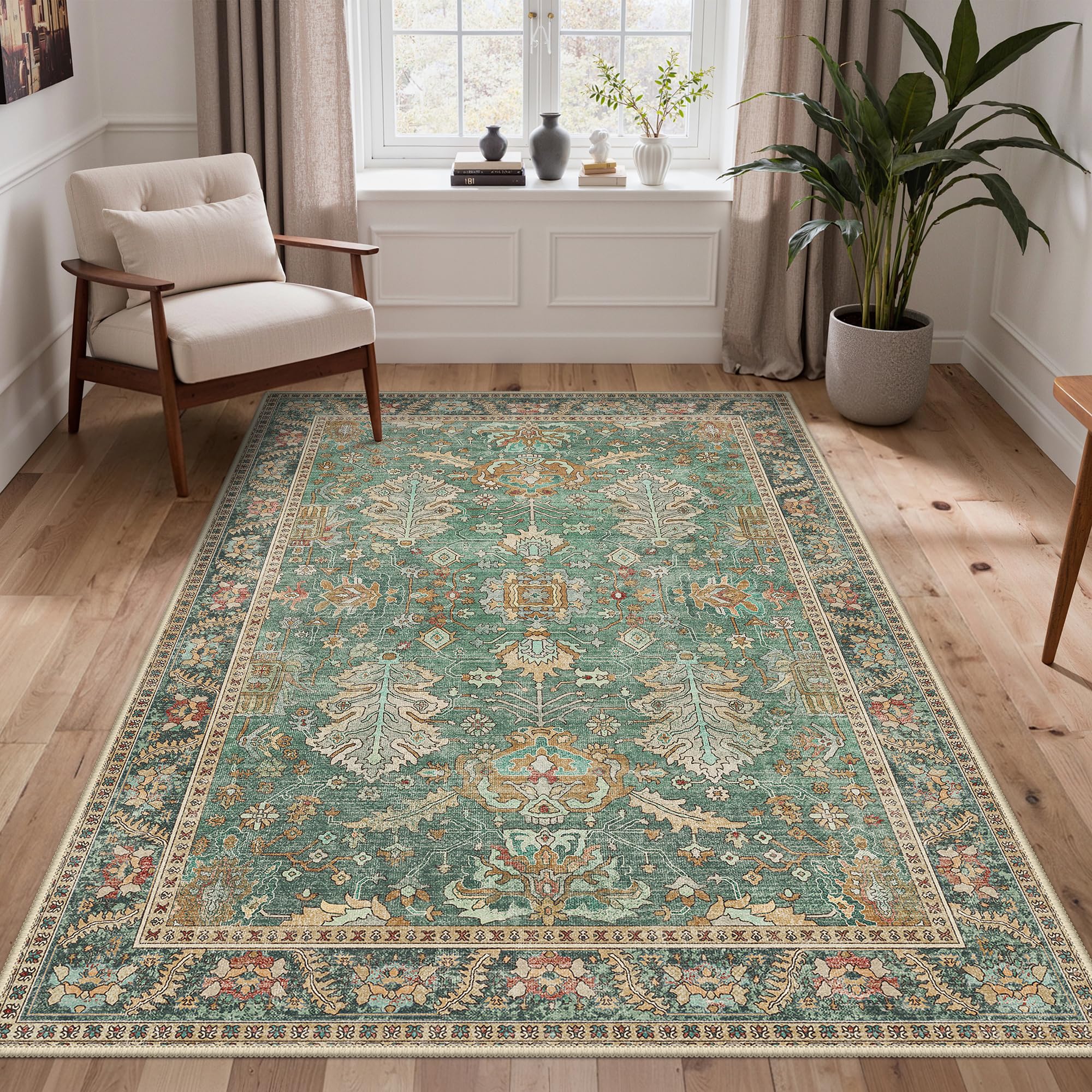 BEIMO Washable Rugs Living Room 120x170cm, Nursery Rug Boho Design Area Rug for Bedroom Soft Low Pile, Non-Slip Large Rugs for Living Room, Dining Room, Retro Floral Motifs Geometric, Emerald Green