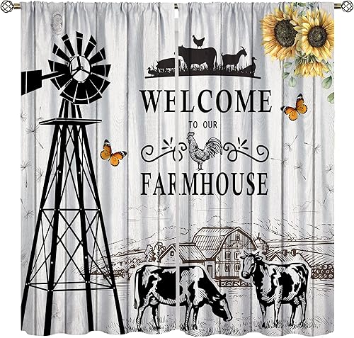 SENRUEGT Western Farms - Cortinas de ventana con estampado de vaca, color blanco y negro, para sala de estar, 42 x 45 pulgadas