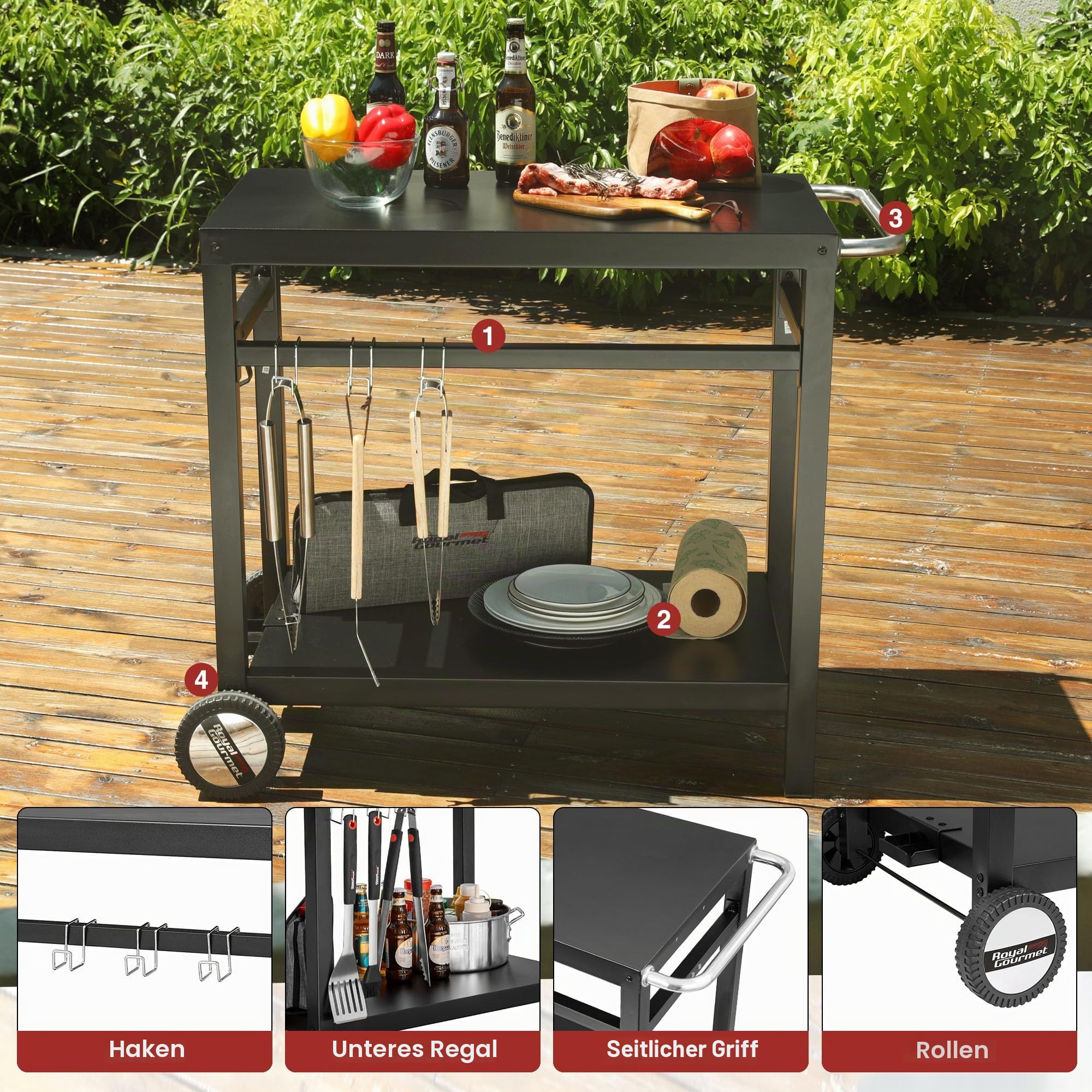 Royal Gourmet Grillwagen Grilltisch Outdoor Beistelltisch Garten Trolley Outdoorküche Multifunktioneller Arbeitstisch Werkbank für Outdoor BBQ Servierwagen Arbeitsplatte 85x50 cm