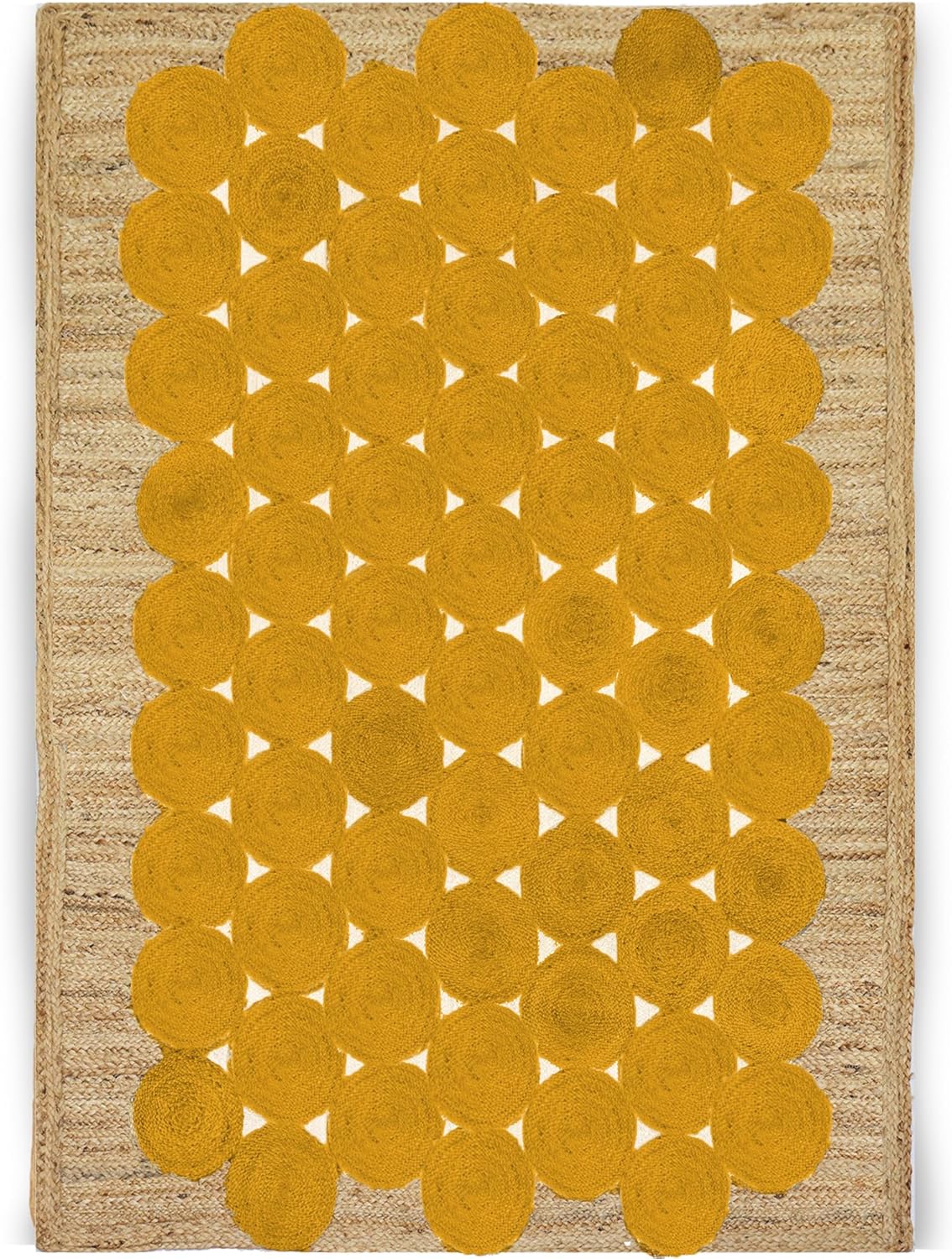 Premium Quality Jute Rug 7x7 Feet Area Rug Natural Fiber Jute Rugs Thick 0.27'' Yellow Circular Pattern Geometric Square Rugs for Living Room, Kids Room, Indoor Outdoor Carpet