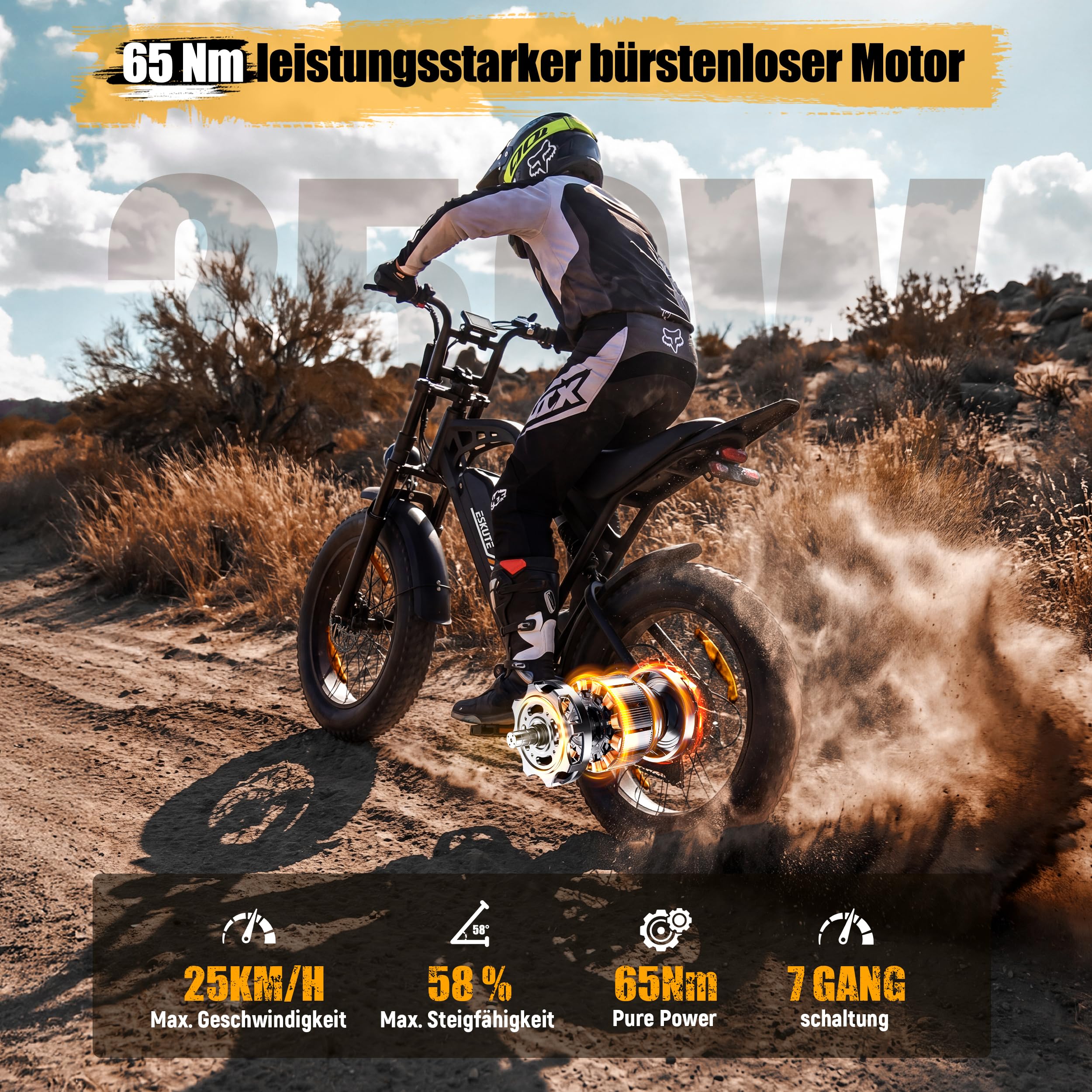 ESKUTE V202 E-Bike für Herren, 20×4 Zoll Fat Tire Offroad Elektrofahrrad mit 48V 20.8Ah Akku, NFC Entsperrung, 80 km Reichweite, Vollfederung MTB für Gelände Schnee Sand