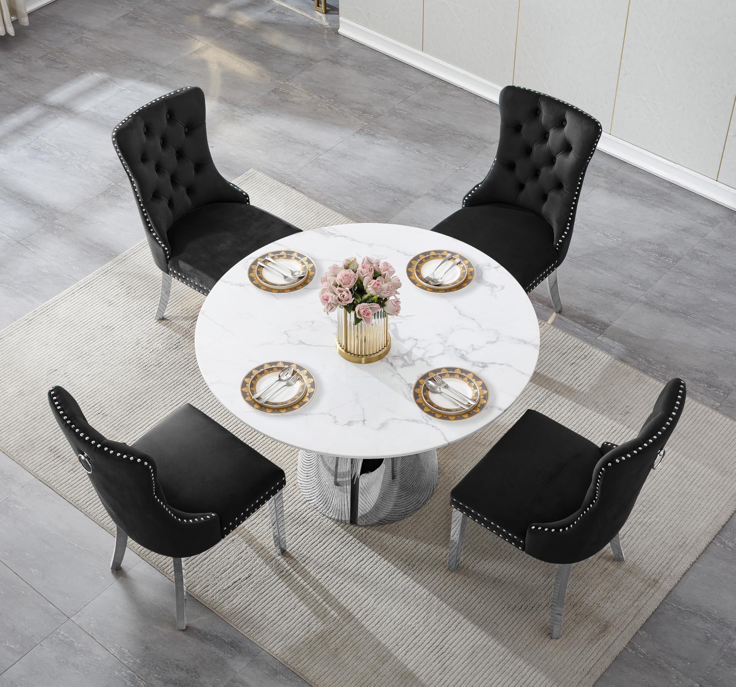 Juego De Comedor Redondo 4 Sillas | Mesa Mármol Efecto, Sillas Terciopelo, Negro Moderno