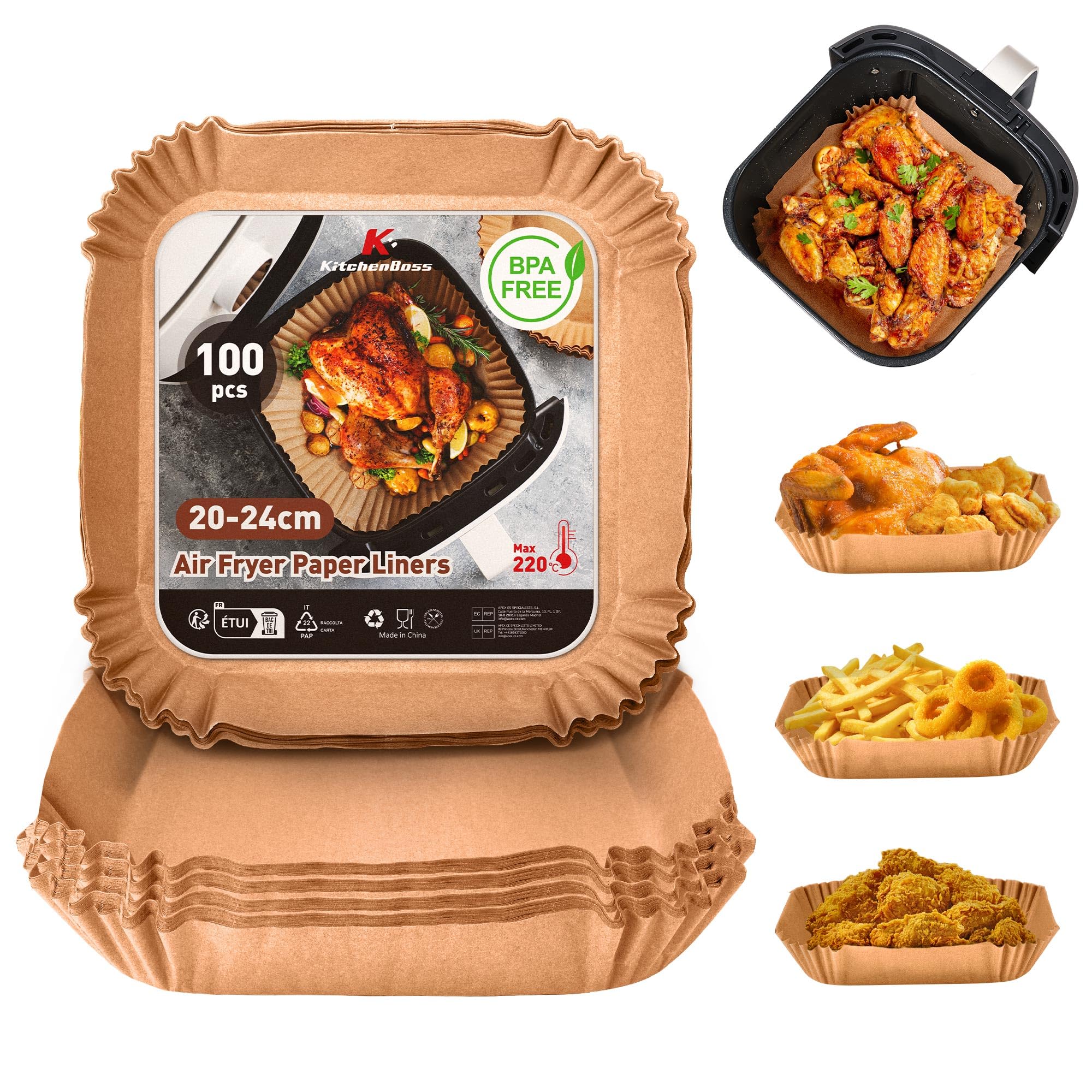 KitchenBoss Papel Para Freidora de Aire 100 Piezas: Papel Air Fryer Cuadrado 20-24CM, Desechable Antiadherente Impermeable a Prueba de Aceite Para 5-8L Freidora, Horno, Microondas
