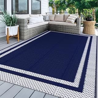 KMAT 5x8ft Waterproof Reversible Outdoor Rug for Patio RV Camping - Foldable UV-Resistant Eco-Friendly Plastic Mat (Blue & White)