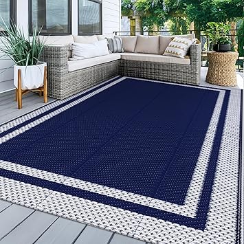KMAT Outdoor Rug, Waterproof Reversible Patio Rugs, 5x8ft Large Outdoor Area Rug Foldable Plastic Camping Rugs for Outside RV, Patio,Picnic,Camper,Balcony,Porch Blue &White