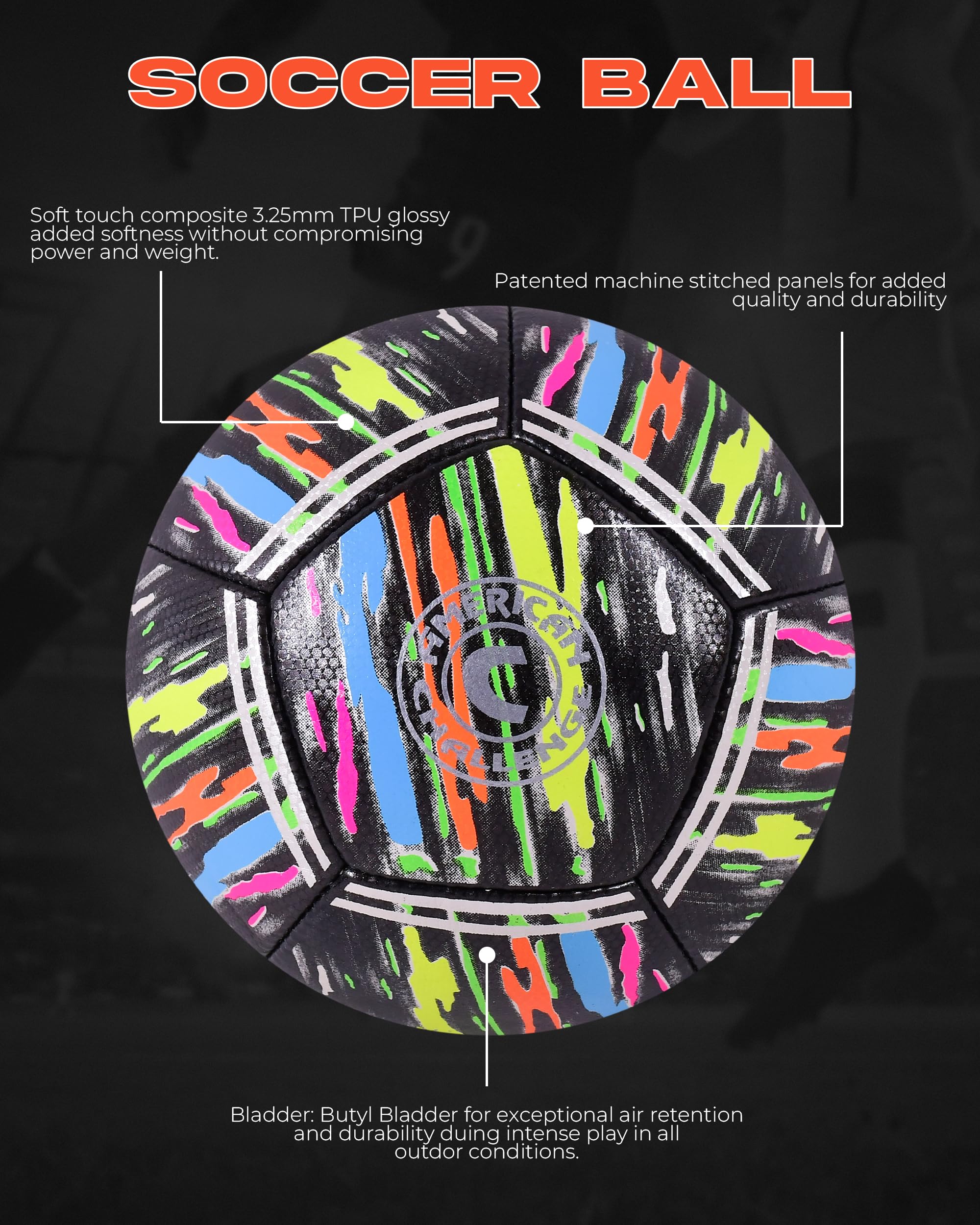 American Challenge Kura Balón de fútbol, Negro/Confeti, 4