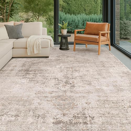 Washable 5x7 Area Rug for Living Room, Neutral Farmhouse Brown