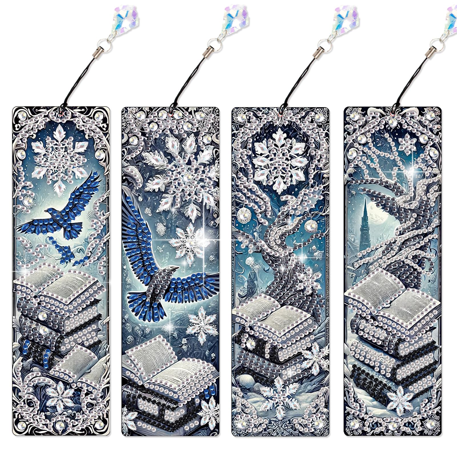 Antor 4 Pack Diamond Painting Bookmarks Kit for Adults Snowflake & Owl Designs, DIY Sparkling Diamond Art Bookmark Craft Gift Set, Small Diamond Art