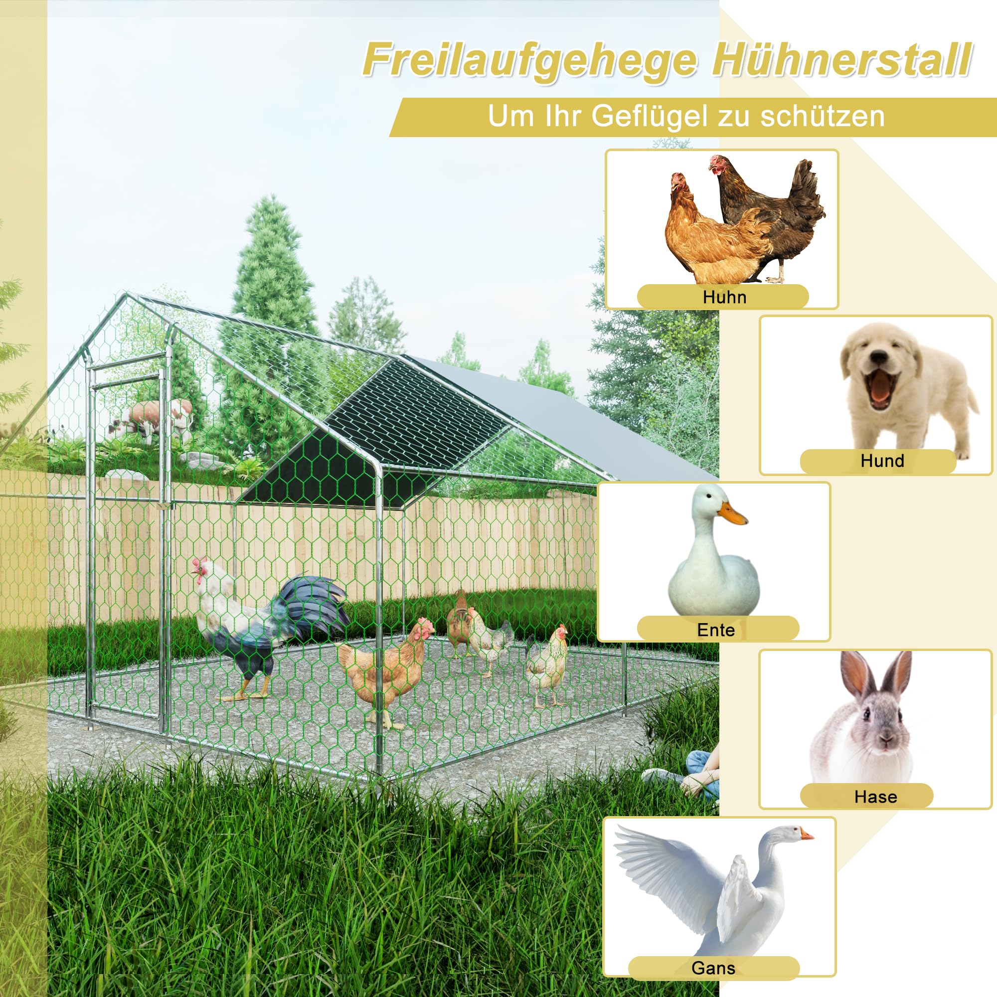 Redkid 12m² Metall Freilaufgehege Hühnerstall 3x4x2m - Mit Wasserdichtetem PE-Tuch und Sicherheitsschloss - hühnergehege freilauf groß für Hühner, Kaninchen und Verschiedene Kleintiere (3×4×2m)
