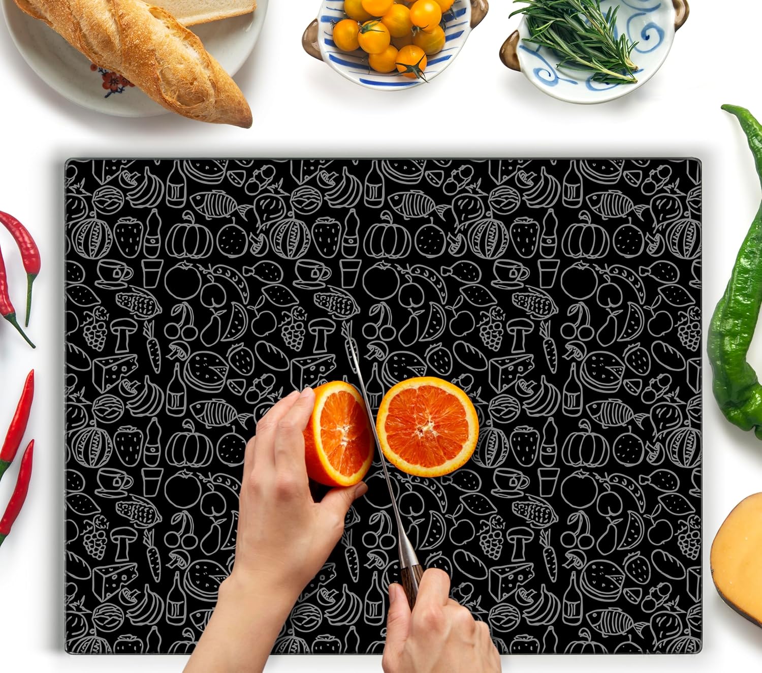 Glass Cutting Board 20”x16”: Tempered Glass Kitchen Counter Protector - Durable- Scratch-Resistant, Heat-Proof - Design 4 - Black Design Design 04 20"L x 16"W
