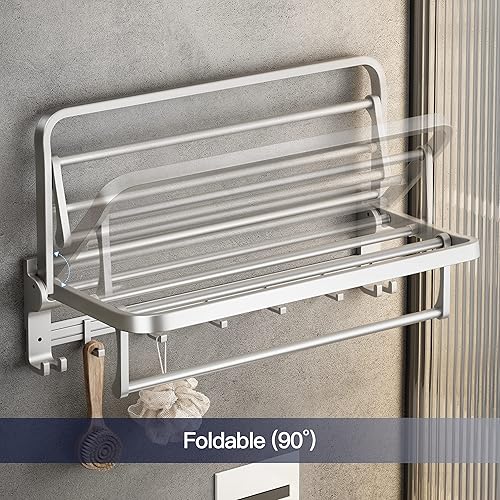 Miniatura 3 de VOLPONE Toallero de 24 pulgadas con soporte para toallero, estante plegable para toallas con ganchos móviles, soporte de pared para almacenamiento