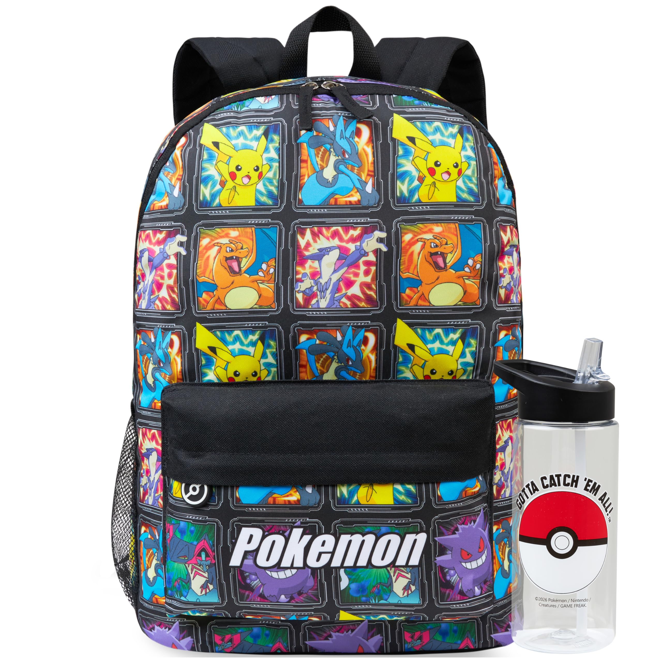 Get Trend Pokemon Card Sac a Dos Enfant Garcon avec Gourde, Grand Fermeture Eclair Cartable et sans BPA Gourde Sport 500ml, Cadeau Garcon (Multi Pokemon)