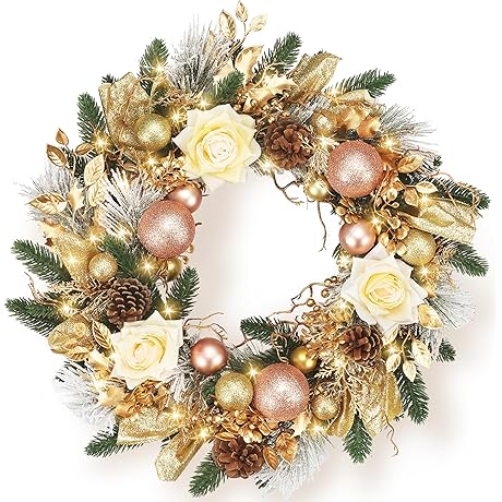 Perfnique Christmas Wreath with Champagne Gold Ornaments