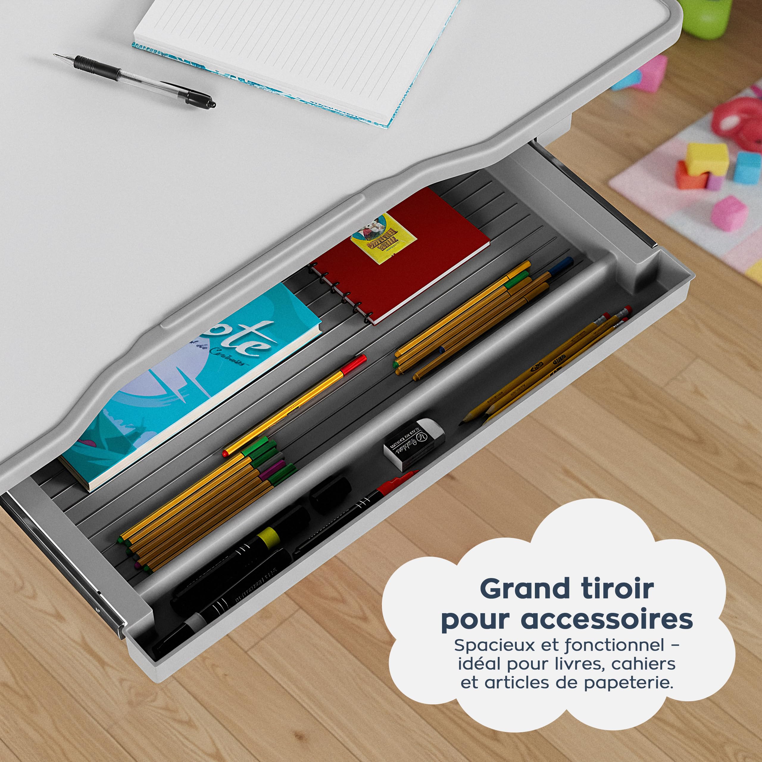 MARK ADLER Study 3.0 Bureau Ergonomique pour Enfants | Hauteur Réglable | Plateau inclinable | Tiroir de Rangement | Conception Robuste | Parfait pour étudier et Dessiner | Mobilier éducatif | Gris