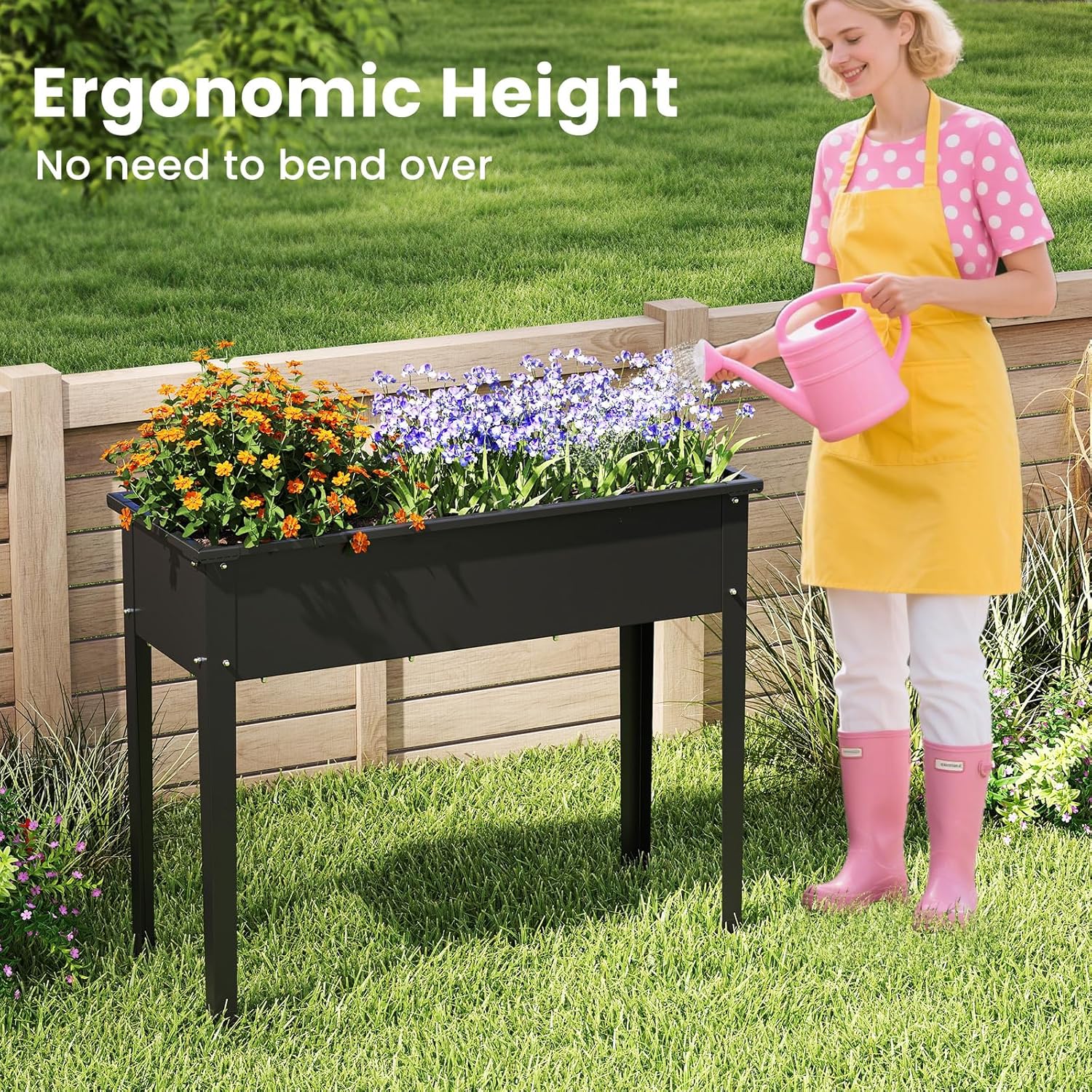 HAPPYGRILL Raised Garden Bed, Metal Elevated Planter Box w/Legs, Drainage Holes for Growing Vegetables Fruits Flowers, Indoor Outdoor Standing Plant Container for Backyard Patio (Black, 40”x16”x32”)