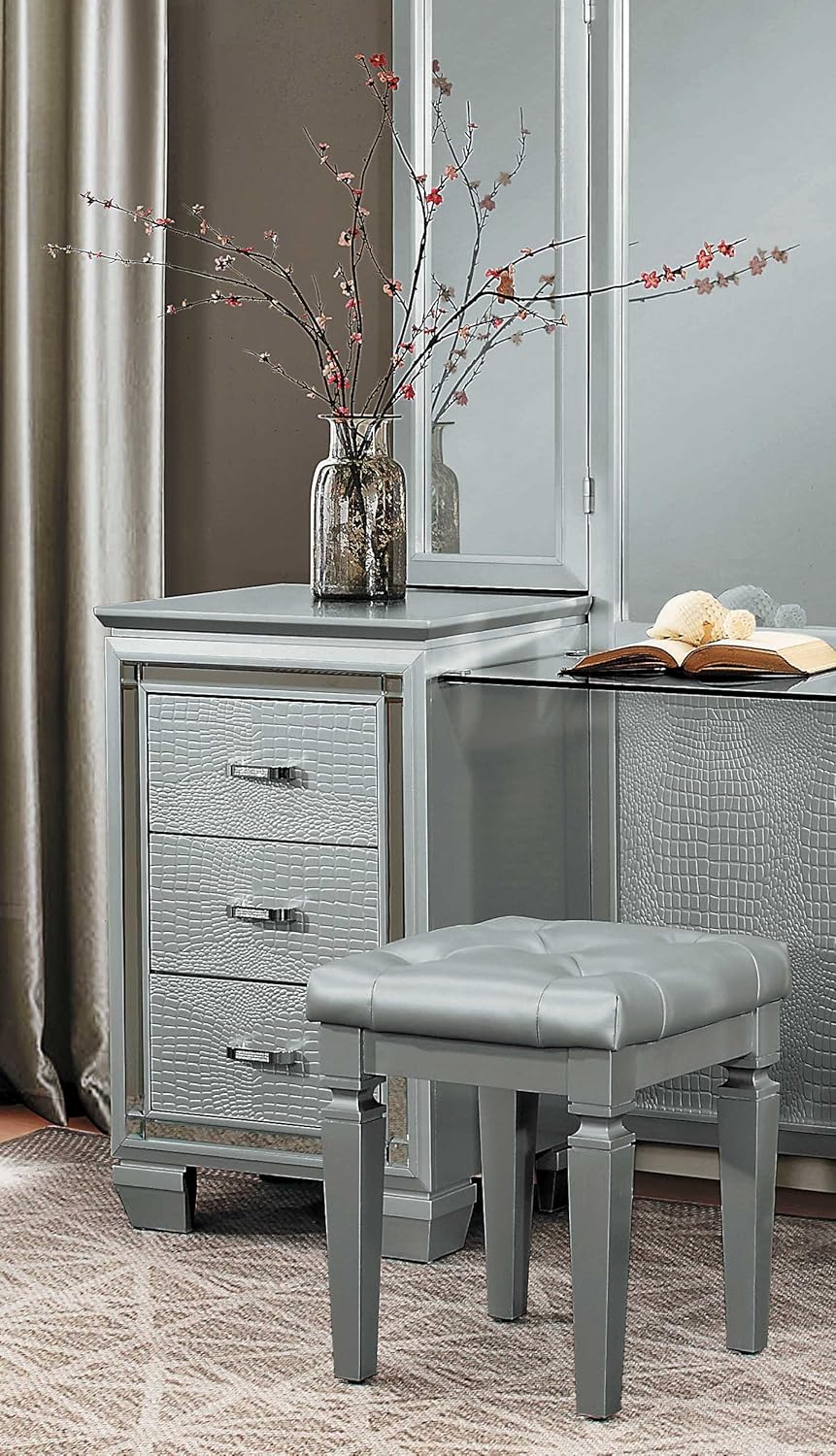 Silver Tufted Vinyl Vanity Stool with Turned Legs