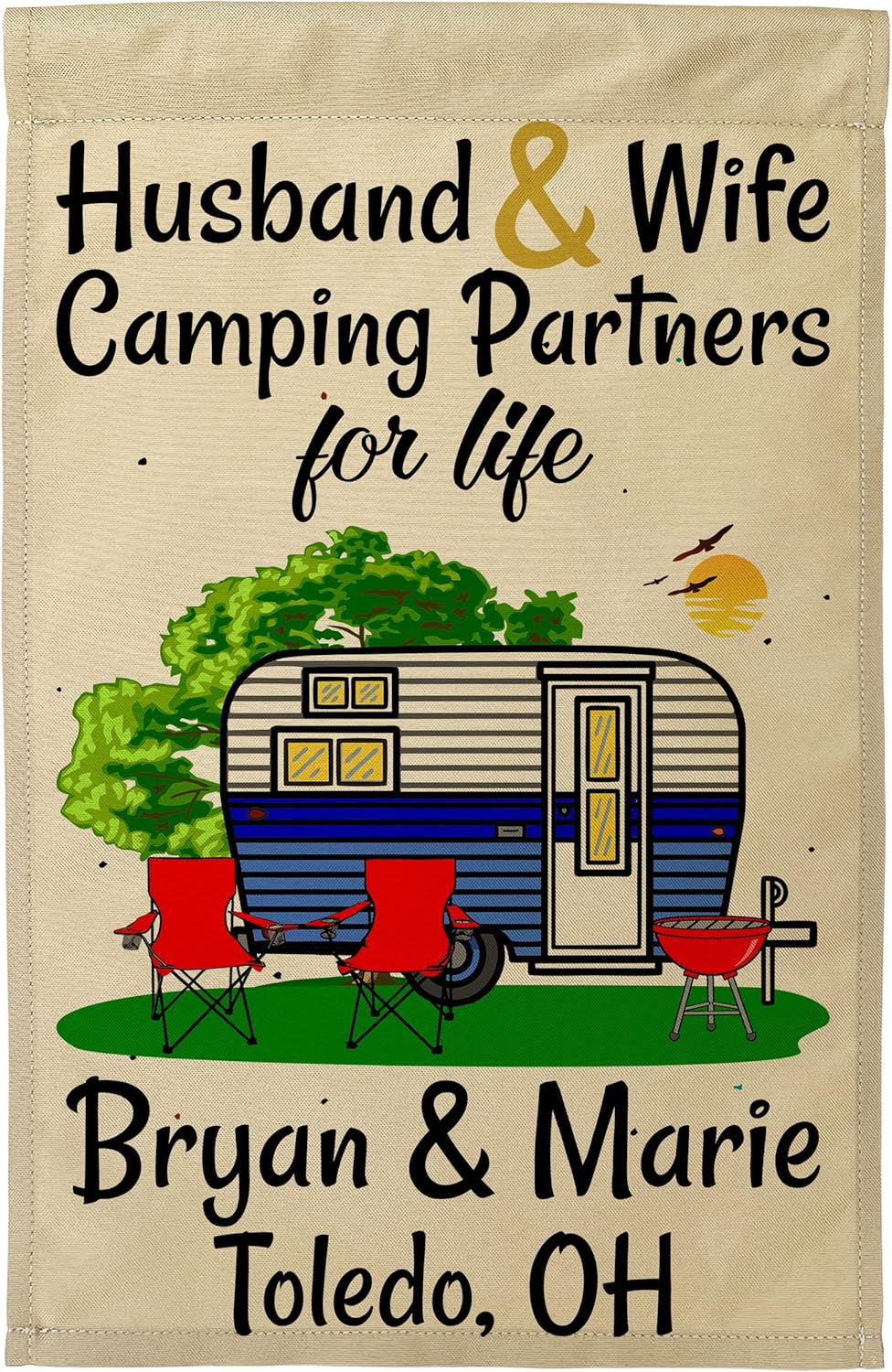 Personalized Camping Flag, Features Black and Gray Vintage Travel Trailer, Husband & Wife Camping Partners for Life, and 2 Lines of Your Custom Text, Printed On Tan Fabric