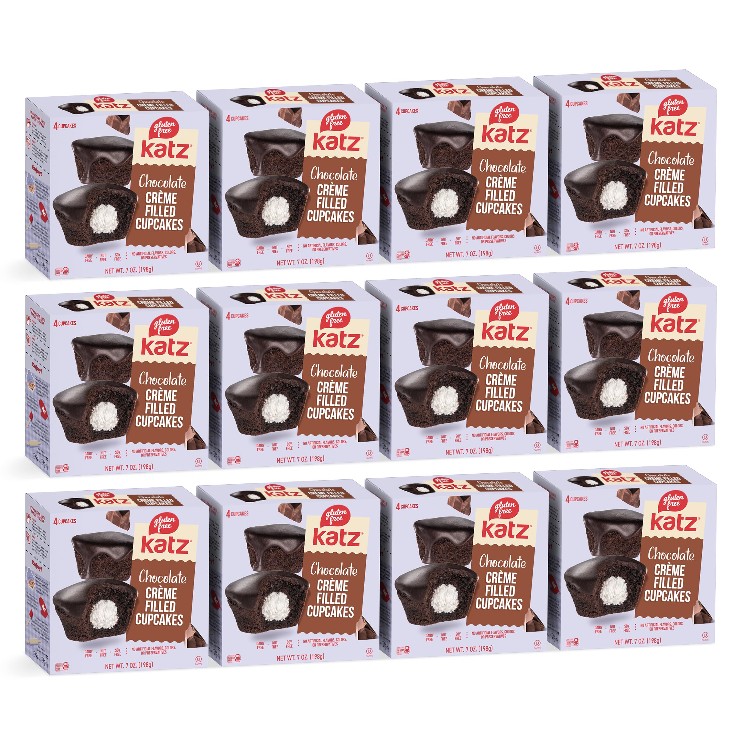 - Katz Gluten Free Chocolate Creme Filled Cupcakes. Free of Dairy, Peanuts, Tree Nuts, and Sesame. Kosher, 7oz (12Pk)