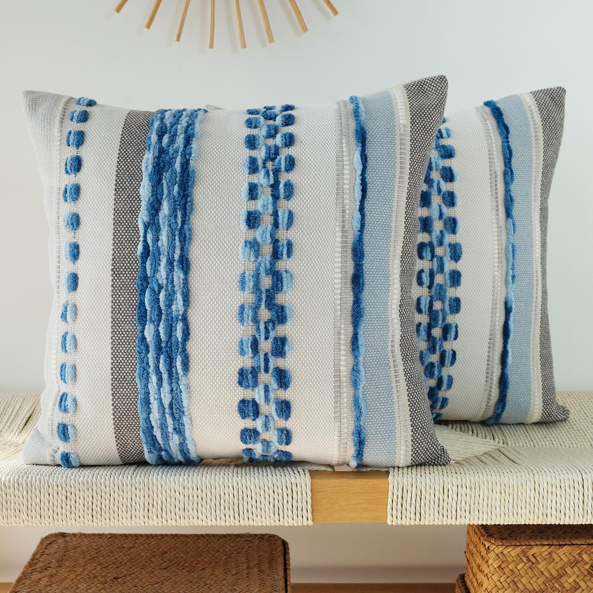 Paquete de 2 fundas de almohada bohemias a rayas, fundas de cojín decorativas para decoración del hogar, 18 x 18 pulgadas, color azul