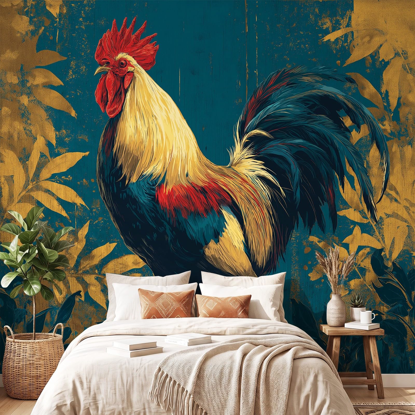 Generisch Tapeta Classic, Countryside, Pastoral - Rooster, wzór liści, tapeta na flizelinie, dekoracja ścienna, nowoczesna tapeta ścienna, dekoracja ścienna, tapeta z motywem - 350 x 256 cm