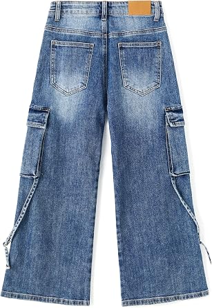 KIDSCOOL SPACE Girls Cargo Jeans, Wide Leg Baggy Stretchy Denim Pants with 6 Real Pockets