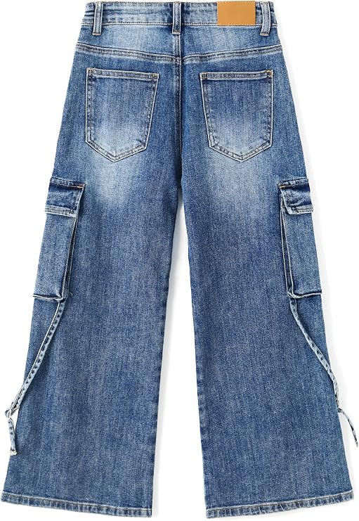 KIDSCOOL SPACE Girls Cargo Jeans, Wide Leg Baggy Stretchy Denim Pants with 6 Real Pockets