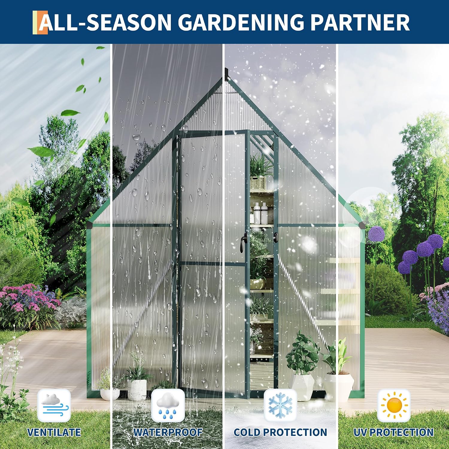 Polycarbonate Greenhouse for Outdoors, Large Walk-InGreenhouse with Quick Setup Structure and Roof Vent, Greenhouse with Ventilation