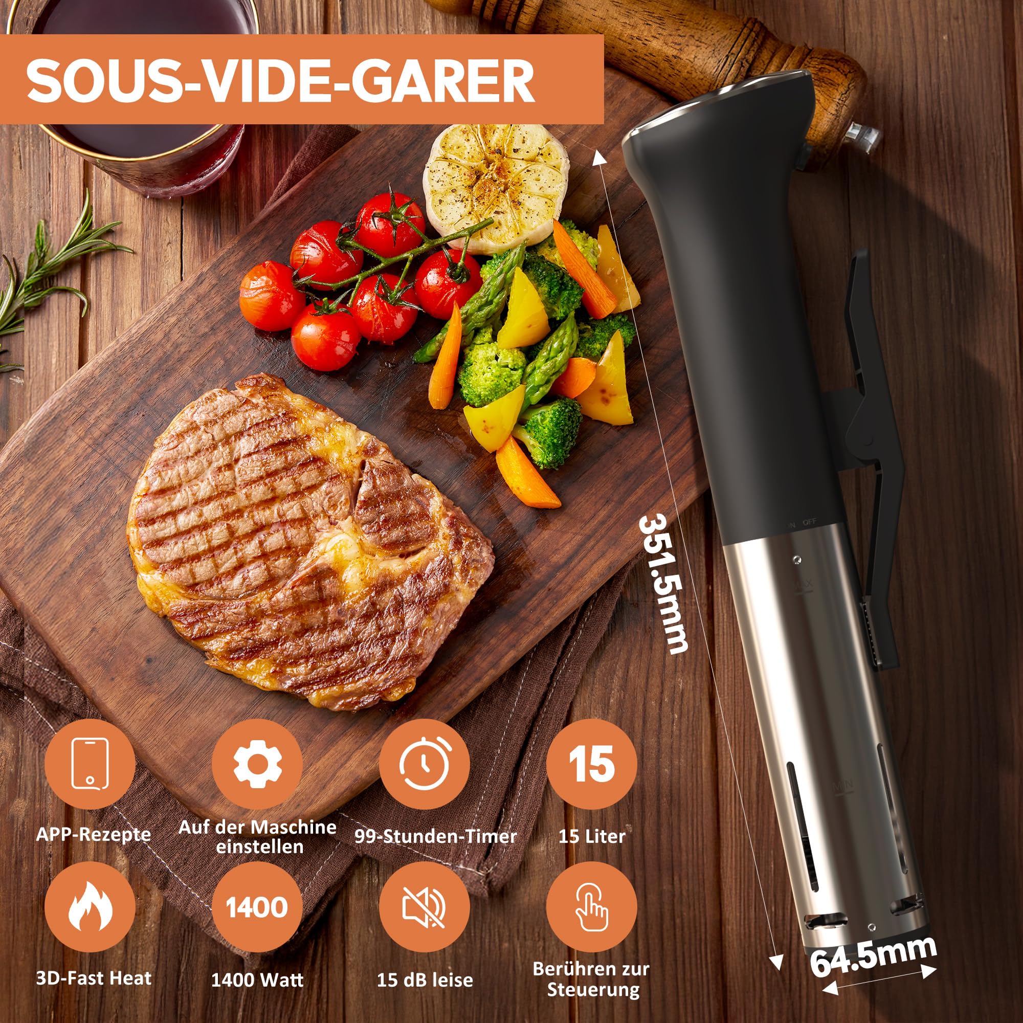 Karinear Sous Vide Garer Stick | APP-Steuerung | WIF (2.4G) | 1400W Sous-Vide Stick | 10-90°C, 1-99 Min. Timer | 360° Zirkulation | Suvide Garer stick